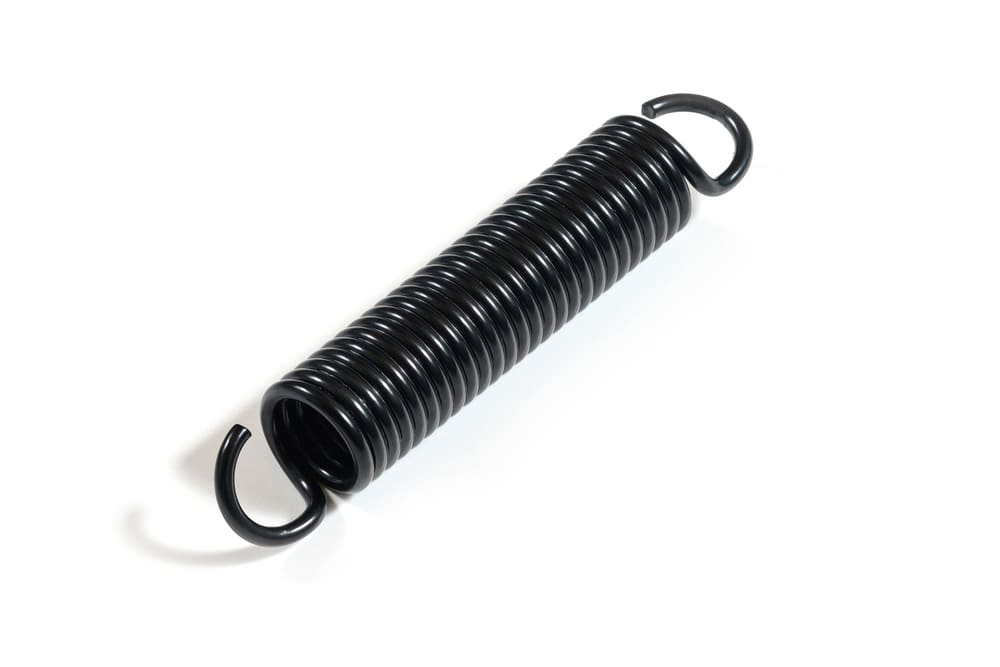 black extension spring with hooks displayed on white background