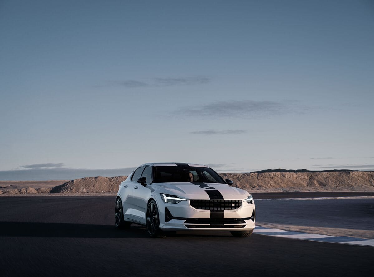 Polestar’s limited BST Edition 270 in white sits on a track in an isolated location, showcasing the role of Lesjöfors springs in the development of the vehicle.